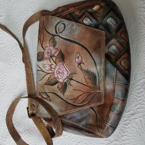 Sova Vintage Brown Handpainted Floral Design Leather Shoulder/Crossbody Bag